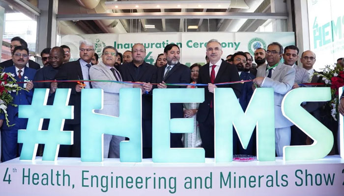 Provincial Minister for Industries and Commerce Chaudhry Shafay Hussain inaugurates the 4th Health, Engineering and Minerals Show 2025 at the Expo Centre on April 17, 2025. — Facebook@tdapofficial