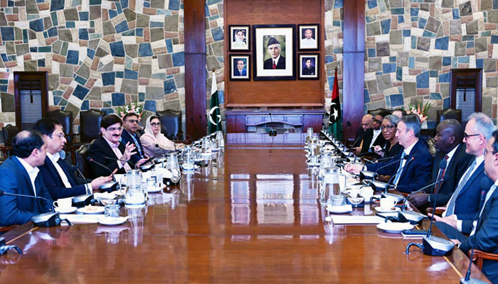 Sindh Chief Minister, Syed Murad Ali Shah chairs a meeting with an IFC delegation led by Linda Rudo Munyengeterwa, Director for Public- Private Partnerships, Privatizations and Corporate Finance Advisory, at CM House in Karachi on April 17, 2025. — PPI