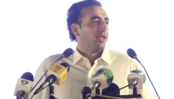 Pakistan Peoples Party (PPP) Chairman Bilawal Bhutto Zardari address public gathering in Hyderabad, Sindh, April 18, 2025. — Screengrab via YouTube/Geo News