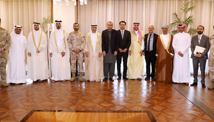 Federal Minister for Interior and Narcotics Control Mohsin Naqvi (centre) in a group photo with the heads of the Pak-GCC Anti-Narcotics Conference delegations after a meeting on April 18, 2025. — Facebook@Ministry of Interior GoP