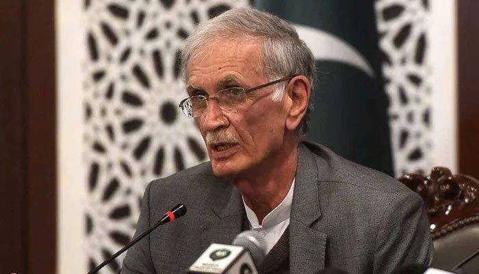 Adviser to Prime Minister on Interior Affairs Pervez Khattak addresses a press conference in Islamabad. — AFP/File