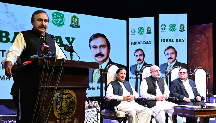 Federal Minister for Parliamentary Affairs Dr. Tariq Fazal addressing during the Iqbal Day at PNCA on April 19, 2025. — APP