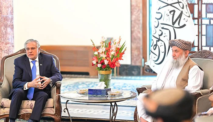 DPM Ishaq Dar (left) pictured with Afghan interim Prime Minister Mullah Muhammad Hassan Akhund on April 19, 2025. — MoFA