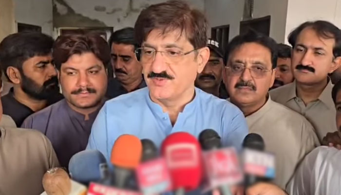 Sindh Chief Minister Syed Murad Ali Shah talks to media at Bhan Saeedabad on April 19, 2025. — Screengrab via Facebook@SindhCMHouse