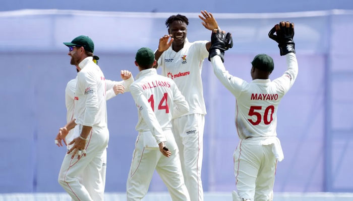 Zimbabwe players celebrate during the Test mach against Bangladesh. — Facebook@ZimbabweCricket1992