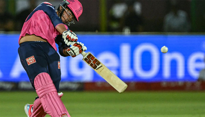 Vaibhav Suryavanshi hits a six for Rajasthan Royals on Saturday. —AFP/File