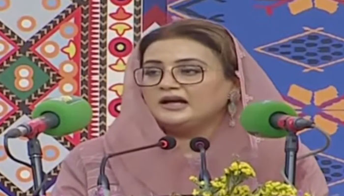 Punjab Minister for Information and Culture Azma Bokhari addresses a three-day cultural festival organised by the Punjab Information and Culture Department at Alhamra Arts Centre on April 18, 2025. — Screengrab via Facebook@AzmaBokhariPMLN