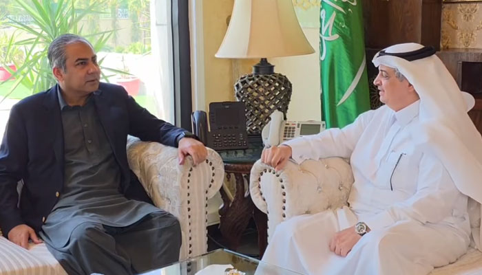 Interior Minister Mohsin Naqvi (left) exchanges views with Saudi Ambassador Nawaf bin Saeed Ahmed Al-Malki at the Saudi Embassy on April 20, 2025. — Screengrab via Facebook@Ministry of Interior GoP