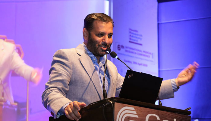 Federal Health Minister Syed Mustafa Kamal speaking at the 6th International Medical Research Conference (IMRC), organised by the Health Research Advisory Board (HealthRAB) at an auditorium in Karachi on April 20, 2025. — Facebook@KamalMQM