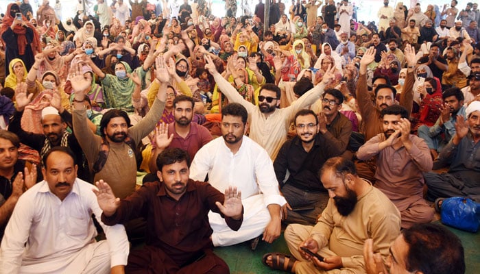 Activists of Grand Health Alliance shouting slogans during protest in favour of their demands at Faisal Chowk, in Lahore on April 10, 2025. — Online