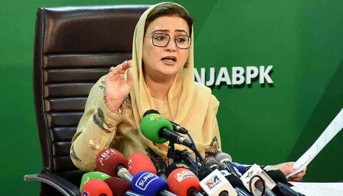 Punjab Information Minister Azma Bokhari addresses media persons during a press conference in Lahore on March 6, 2025. — PPI