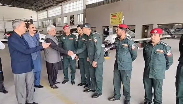 Minister for Health and Emergency Services Khawaja Salman Rafique (3rd left) visits Lahore Airport to review the Air Ambulance Service on April 22, 2025. —  Screengrab via Facebook@SalmanRafiquePK