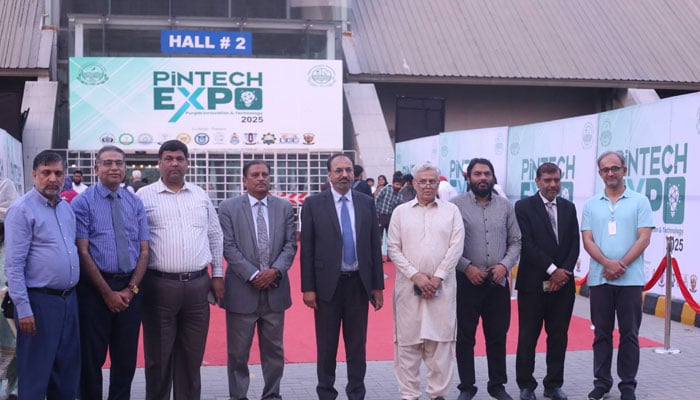 UET Vice Chancellor Dr Shahid Munir (centre) in a group photo during the PinTech Expo on April 21, 2025. — Facebook@pro.uet.lhr