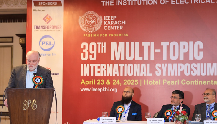 Pakistan Engineering Council Chairman, Engineer Wasim Nazeer, addresses inaugural ceremony of 39th Multi-Topic International Symposium of Institution of Electrical and Electronics Engineers Pakistan at a hotel in Karachi.