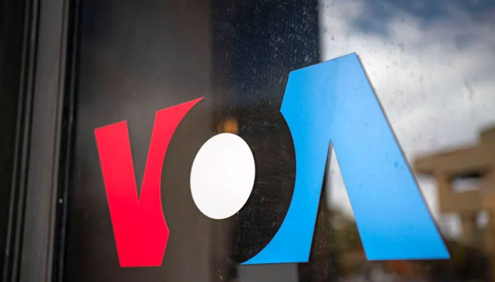Signage for US broadcaster Voice of America is seen in Washington, DC, the United States, on March 16, 2025. —AFP