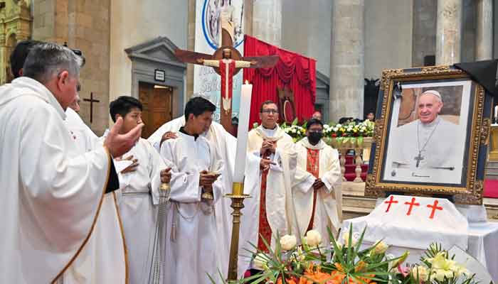 Members of the clergy celebrate Mass in memory of Pope Francis, following the death of the pontiff, at the Metropolitan Cathedral of Our Lady of Peace, in La Paz, Bolivia April 21, 2025. — Reuters