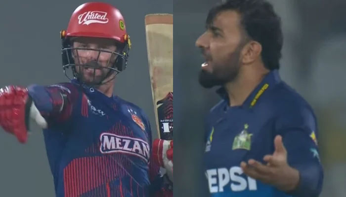 Colin Munro (Left) accuses Iftikhar Ahmed (Right) of Chucking during the Pakistan Super League (PSL) 10 match between Islamabad United and Multan Sultans at the Multan Cricket Stadium on April 23, 2025. — Screengrab via PSL