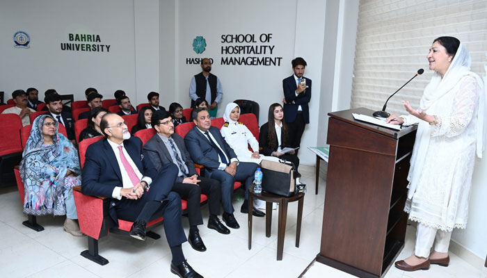 Minister of State for Federal Education and Professional Training Wajiha Qamar addresses a ceremony at Bahria University on April 24, 2025. — Facebook@officialBU