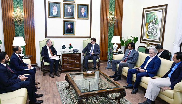 Sindh Chief Minister, Syed Murad Ali Shah chairs a meeting with a high level delegation from the Islamic Development Bank (IsDB) at CM House in Karachi on April 24, 2025. — PPI