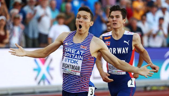 Britains Jake Wightman crosses the line to win the mens 1500 metres final, World Athletics Championships, Mens 1500 Metres final. — Reuters/File