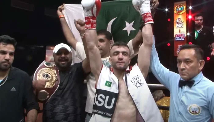 Pakistans Usman Wazeer celebrates victory after knocking out Indias S. Eswaran in a boxing encounter at the World Siam Stadium in Bangkok on April 24, 2025. - Screengrab/LiveStream