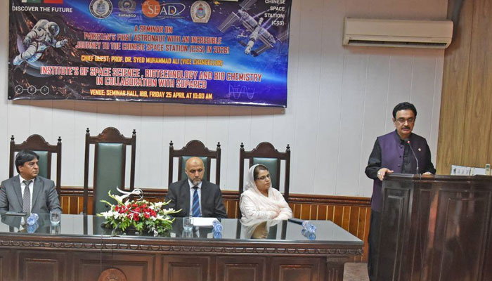 PU VC Prof Dr M Ali addressing a seminar on Pakistan’s first astronaut with an incredible journey to the Chinese space station in 2026 at the auditorium of the Institute of Biochemistry and Biotechnology on April 25, 2025. — Facebook@UniversityOfThePunjab.Official