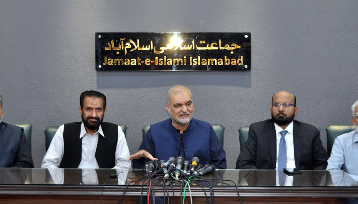 Jamaat-e-Islami (JI) Ameer Hafiz Naeemur Rehman addressing a news conference on April 25, 2025. — Facebook@HafizNaeemRehman