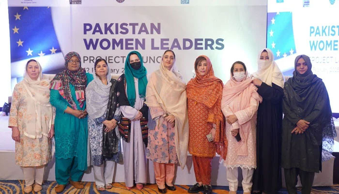 Women pose for a photo during a launching ceremony of the Pakistan Women Leaders Project (PWL) on the occasion of National Day for Women on February 12, 2025. — Facebook@EUinPakistan