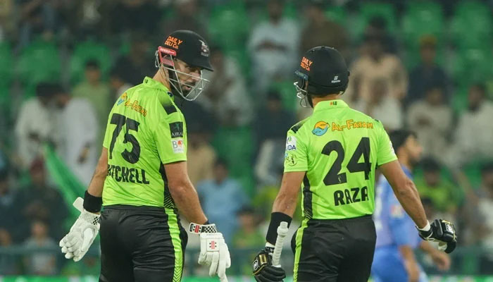 Lahore Qalandars’ batters Daryl Mitchell and Sikandar Raza in action against Multan Sultans in 16th match of the Pakistan Super League (PSL) 10, Gaddafi Stadium, Lahore, April 26, 2025. — Facebook@PSL