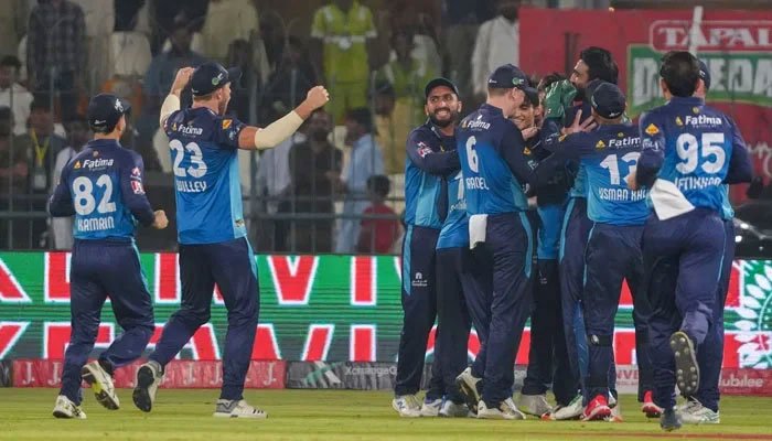 Multan Sultans players celebrate a wicket during their PSL 10 match against Lahore Qalandars at the Multan Cricket Stadium in Multan on April 22, 2025. — PCB