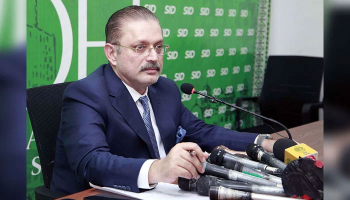Sindh Senior Minister Sharjeel Inam Memon addresses media persons during a press conference, in Karachi on August 15, 2024. — PPI