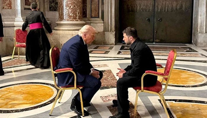 Ukraines President Volodymyr Zelenskiy and US President Donald Trump meet, while they attend the funeral of Pope Francis, at the Vatican April 26, 2025. — Reuters