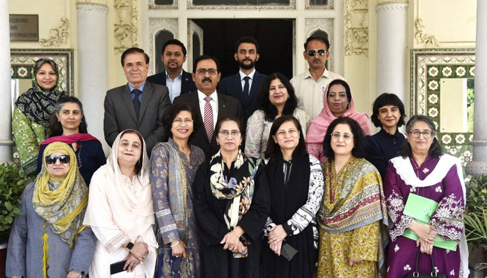 Participants pose for a group photo during a high-level round table discussion titled ‘Bridging Gaps, Building Futures: Investing in Women’s Universities through Policy, Funding, and Partnerships’  on April 28, 2025. — Facebook@Fjwu_Official