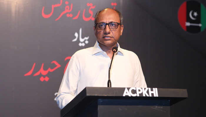 Sindh Local Government Minister Saeed Ghani speaks during a condolence reference in memory of renowned political leader Senator Taj Haider at the auditorium of the ACP on April 28, 2025. — Facebook@ACPKHI