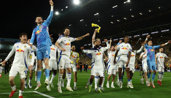 Leeds United players celebrate promotion to the Premier League at Elland Road, Leeds, April 28, 2025. — Reuters