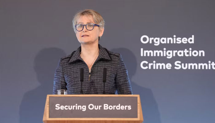 Britains Home Secretary Yvette Cooper speaks at the Organised Immigration Crime Summit at Lancaster House in central London, Britain March 31, 2025.—Reuters