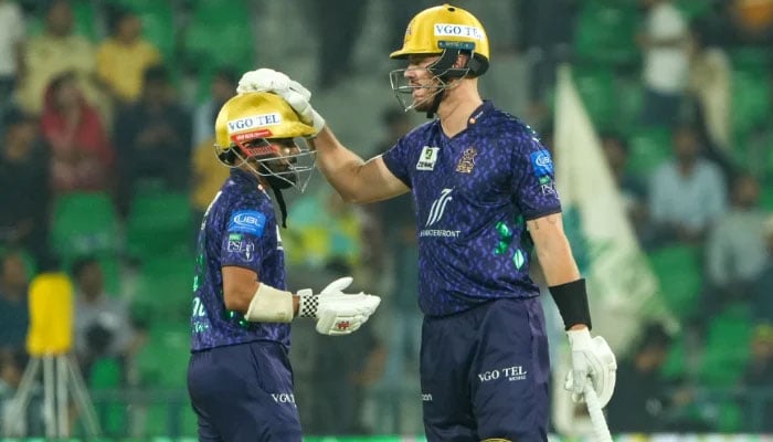 Quetta Gladiators opening batter Saud Shakeel and Finn Allen during the Pakistan Super League (PSL) 10 match against Multan Sultans at the Gaddafi Stadium in Lahore on April 29, 2025. — PCB