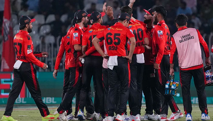 Lahore Qalandars players celebrate a wicket during the PSL 10 match against Quetta Gladiators at the Rawalpindi Cricket Stadium on April 13, 2025. — PCB