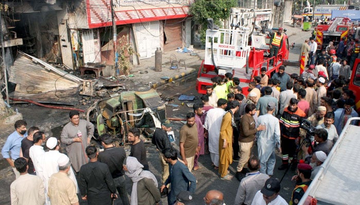 View of site after fire broke out due to gas cylinder explosion at a shop, as fire brigade officials extinguishing fire and rescue operation underway, on Ravi road in Lahore on April 30, 2025. — PPI