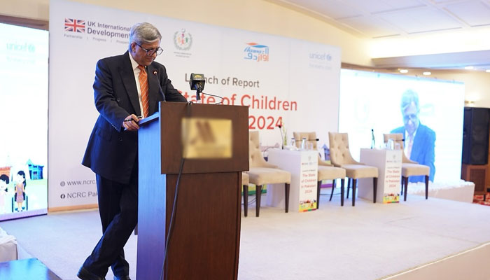 Federal Minister for Human Rights Senator Azam Nazeer Tarar as chief guest speaks during the launching ceremony of the NCRs first-ever State of Children in Pakistan Report 2024 on April 30, 2025. — Facebook@ncrcpakistan