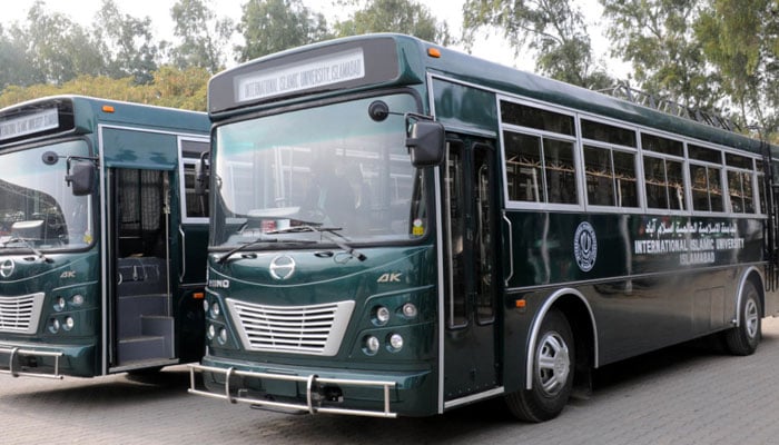 International Islamic University Islamabad (IIUI) busses can be seen parked at university premises. — iiu.edu.pk/File