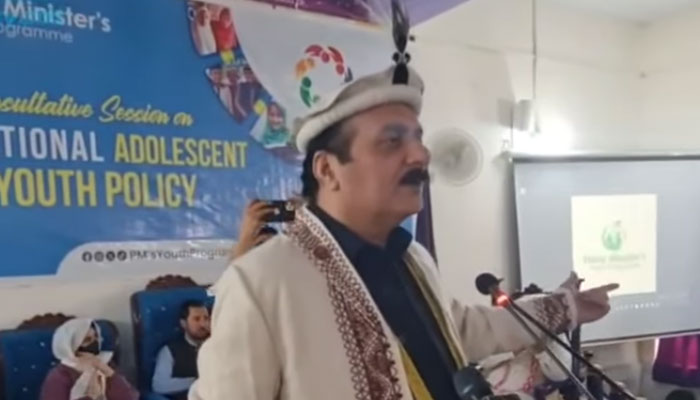 Prime Minister’s Youth Programme’ s Coordinator Rana Mashhood Ahmad Khan addresses an event in Chitral on April 30, 2025. — Screengrab via Facebook@ranamashhoodahmadkhan