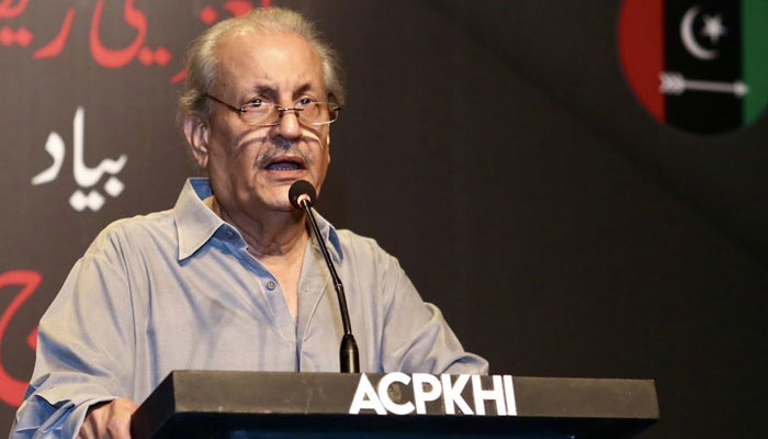 Former Senate chairman Mian Raza Rabbani addresses an event at the Arts Council on April 28, 2025. — Facebook@ACPKHI