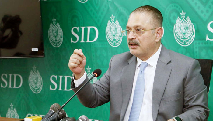 Sindh Senior Minister Sharjeel Inam Memon addresses to media persons during a press conference, in Karachi on April 30, 2025. — PPI
