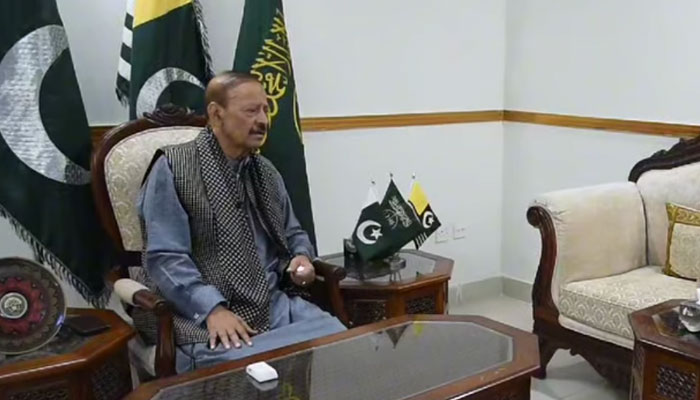 Azad Jammu and Kashmir (AJ&K) President Barrister Sultan Mahmood Chaudhry speaks during an interview at the Kashmir House in Islamabad on April 30, 2025. — Screengrab via Facebook@Barrister.Sultan.Official
