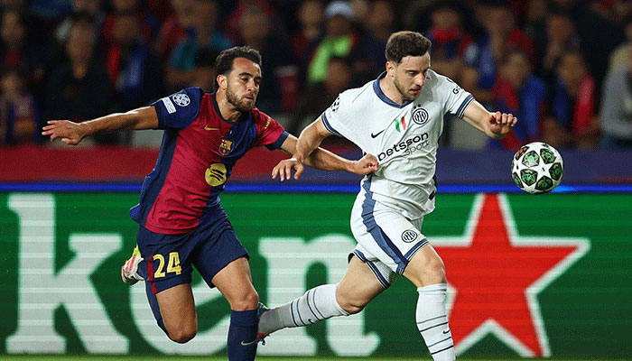 Barcelonas Eric Garcia (right) in action with Inter Milans Carlos Augusto(left) in Champions League Semi-Final First Leg on April 30, 2025. — Reuters