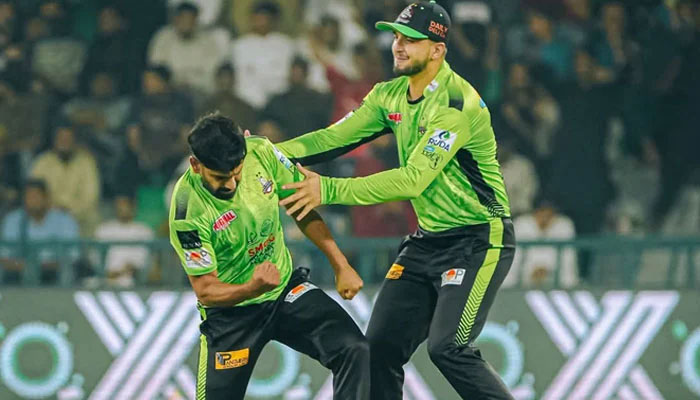 Lahore Qalandars Haris Rauf celebrates taking a wicket during their PSL 10 match at the Gaddafi Stadium in Lahore on April 30, 2025. — PCB