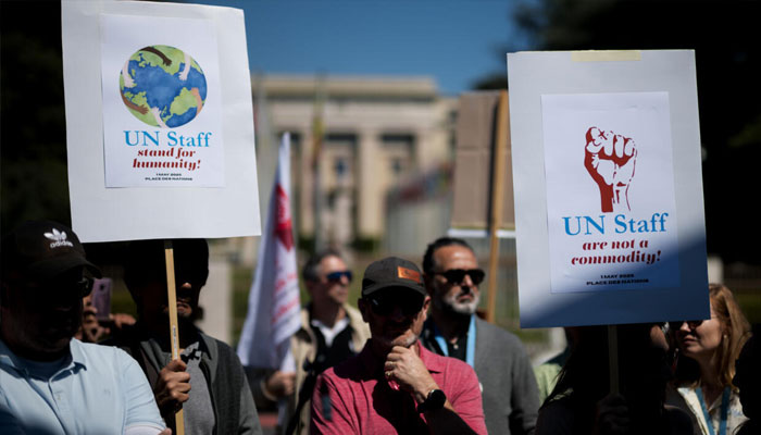 UN staff protesting. —AFP/File