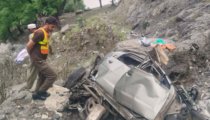 Rescue official stand nearby the wreckage of a car which plunged into a ravine in the Matta Banda area of Lower Kohistan on May 1, 2025. — Facebook@ERSUpperKohistan