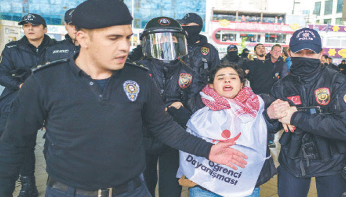 Turkish police detain a protester during a May Day rally in Istanbul on Thursday, April , 2025.—AFP